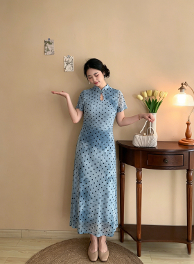 云澜【自制款】大码新中式蓝色波点收腰显瘦胖mm气质长款旗袍夏季