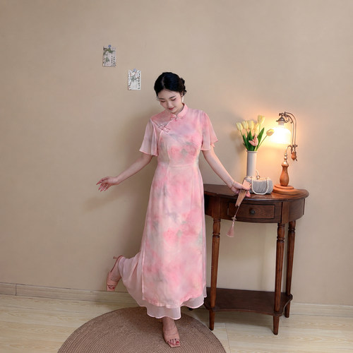 夏季大码新中式假两件粉色旗袍