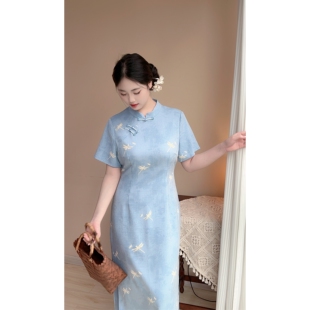 改良版 蜻蜓 小清新氣質藍色新中式 旗袍大碼 自制款 胖mm連衣裙夏