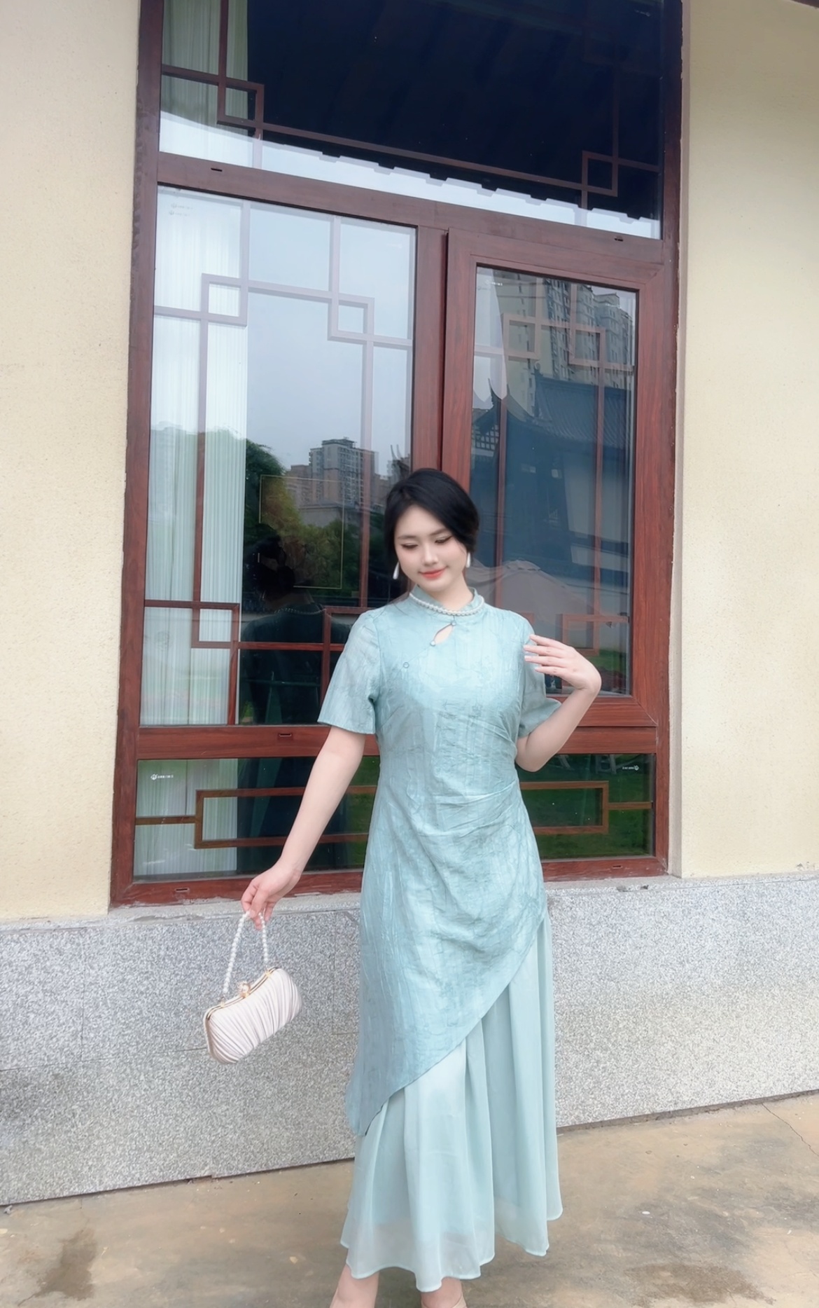 遇见大码新中式假两件旗袍连衣裙