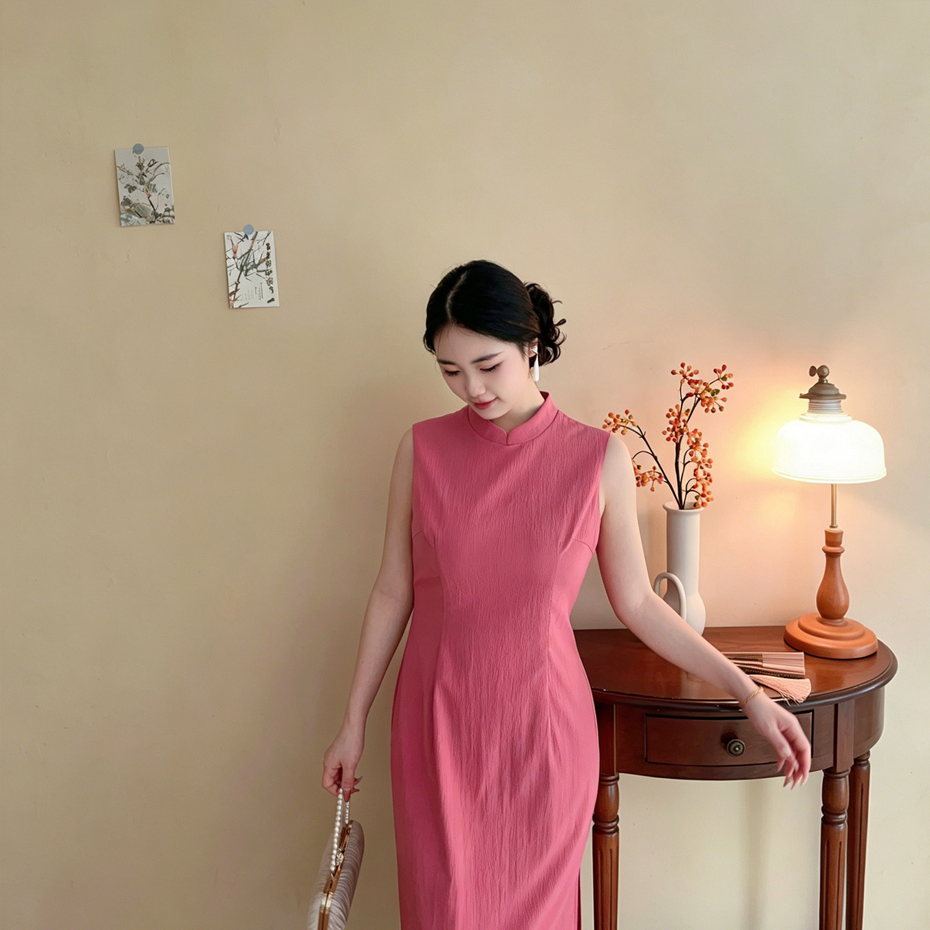 胭脂【自制款】树梅粉温婉显白肌理感显瘦新中式旗袍裙大码胖mm夏