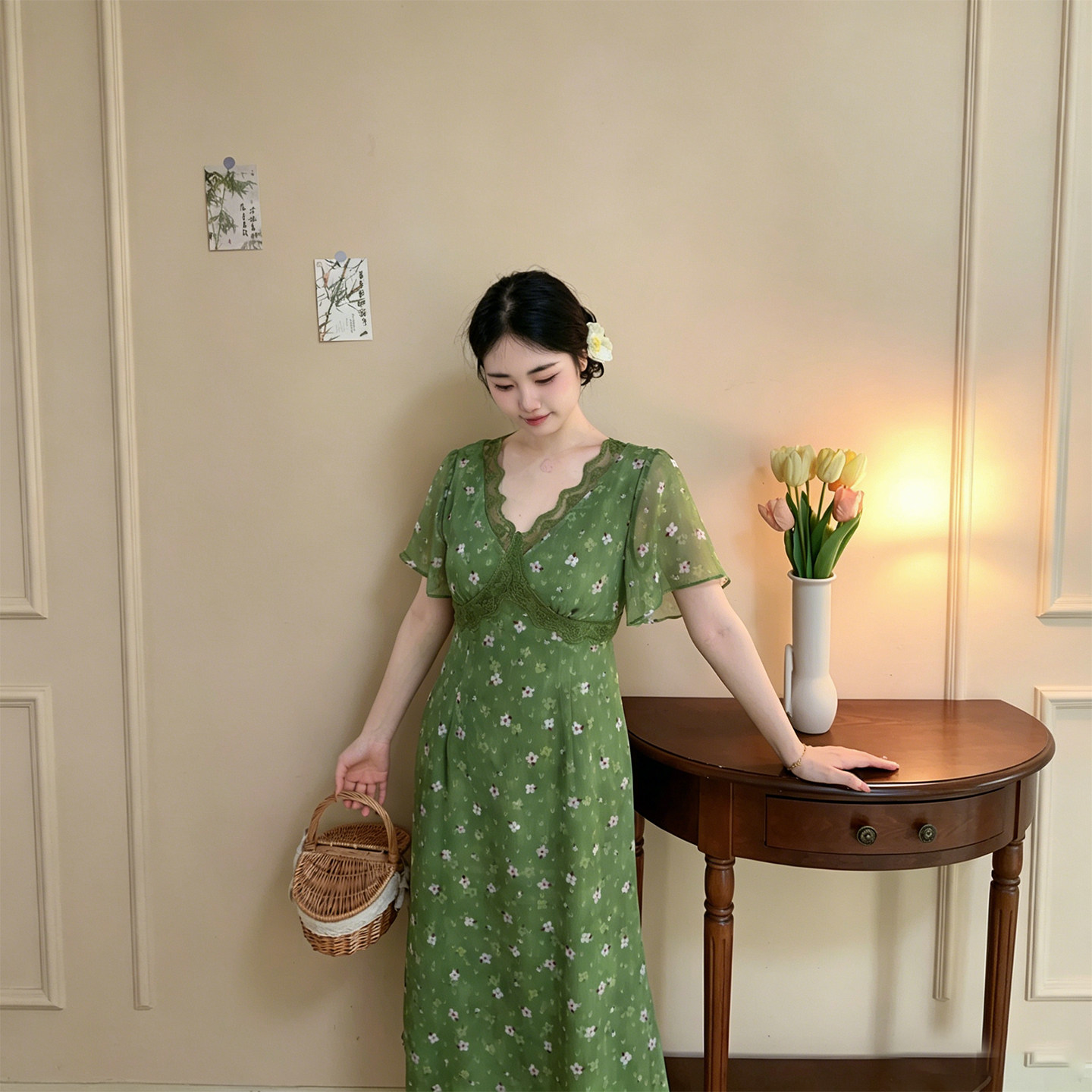 森屿【自制款】显白绿色碎花小飞袖V领蕾丝度假显瘦连衣裙胖mm夏