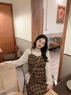 复古格纹圆领中长款 现货 胖mm法式 假两件大码 高腰连衣裙 自制款