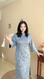 【自制款】民国复古蓝色大码胖mm显瘦改良版旗袍连衣裙200斤春季