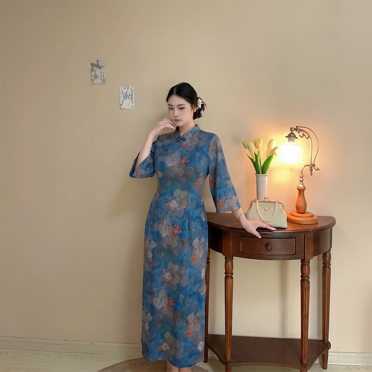秋季油画风大码新中式显瘦旗袍图片