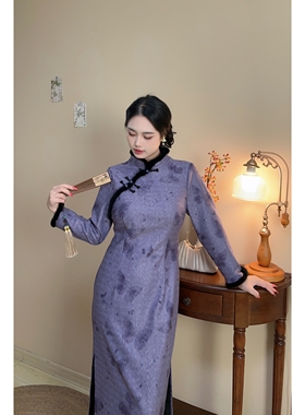 粉色/紫色【自制款】加绒加厚大码胖mm显白中式旗袍连衣裙毛毛领