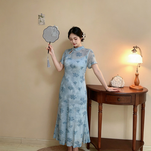 夏季新中式蓝色弹力网纱大码旗袍