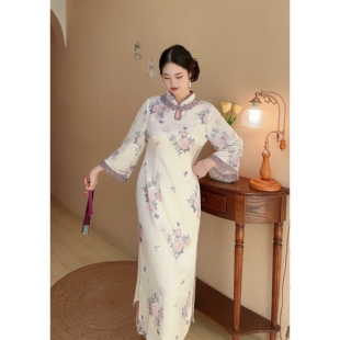 旗袍连衣裙大码 温柔气质紫色新中式 胖mm蕾丝提花 自制款 清荷