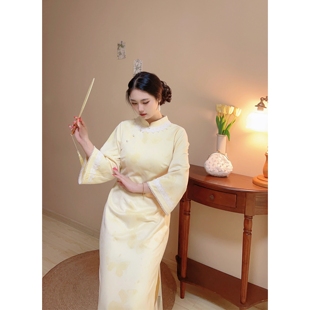 旗袍麂皮绒珍珠袖 如愿 胖mm新中式 淡黄色温柔淑女大码 自制款