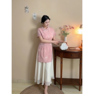 胖mm假两件新中式 大码 显瘦粉色旗袍拼接连衣裙夏 自制款 小蜻蜓