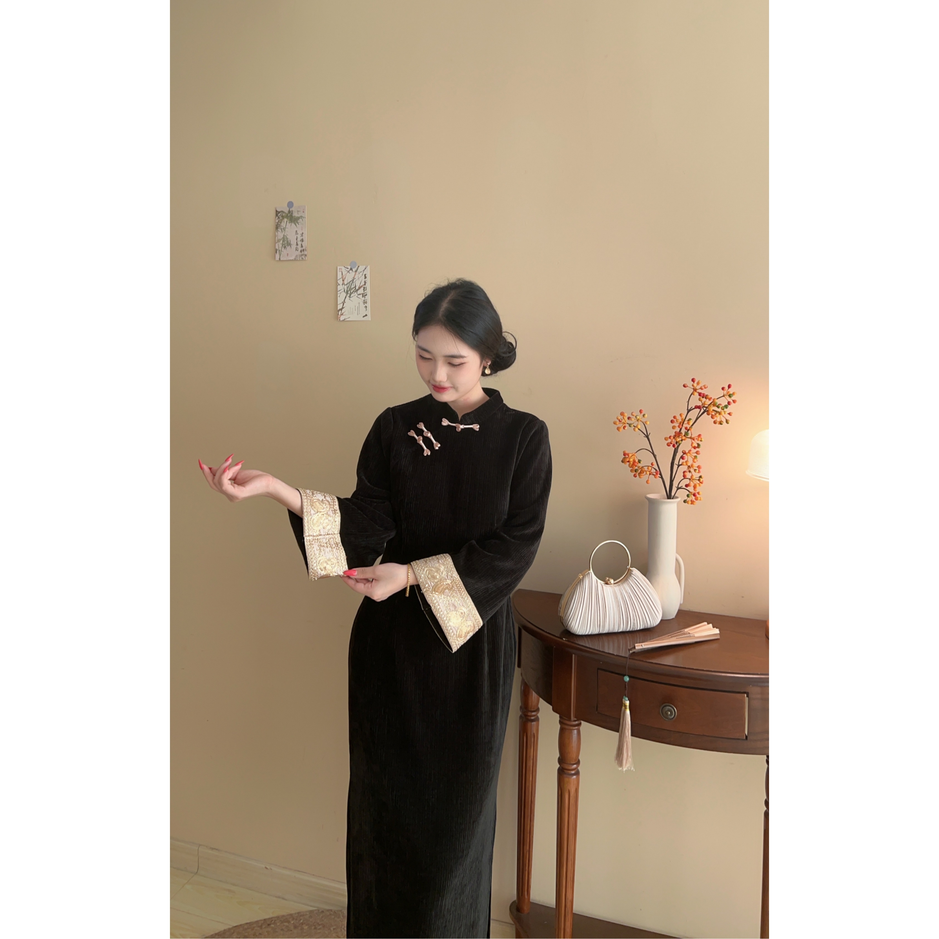 遇见大码雪尼尔新中式显瘦旗袍