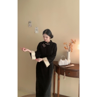 雪尼尔大码 原创设计新中式 胖mm显瘦旗袍连衣裙女 自制款 金丝绣