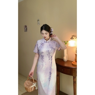 旗袍大碼 紫嫣 自制款 優(yōu)雅紫藤花顯白網(wǎng)紗彈力新中式 胖mm絕美裙