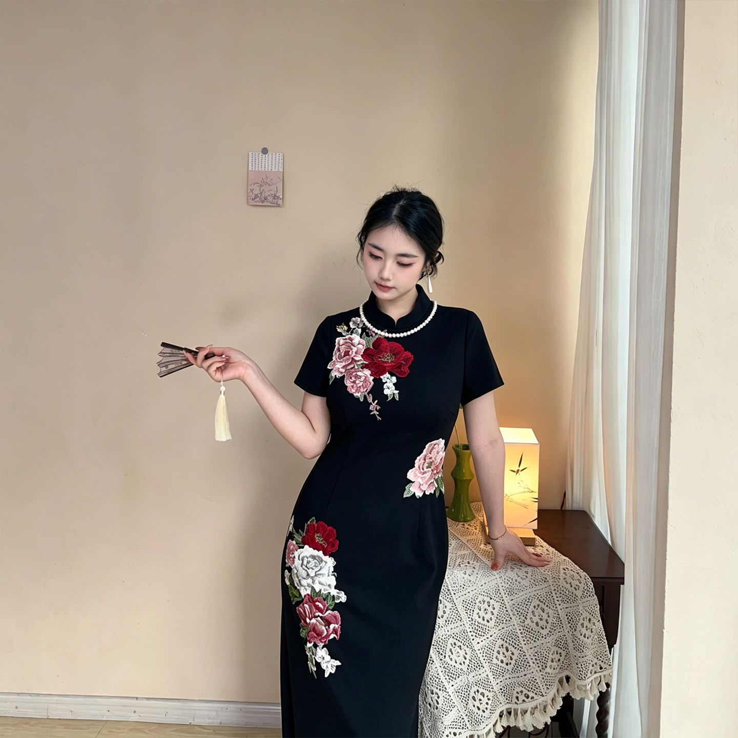 牡丹【自制款】重工新中式黑色显瘦收腰大码胖mm刺绣温婉旗袍长裙