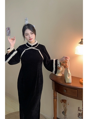 京华梦【自制款】假两件显瘦高贵冬款加厚新旗袍大码胖mm连衣裙女