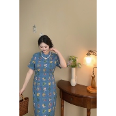 胖mm温柔少女 沐春风 碎花刺绣改良版 自制款 旗袍大码 高端新中式