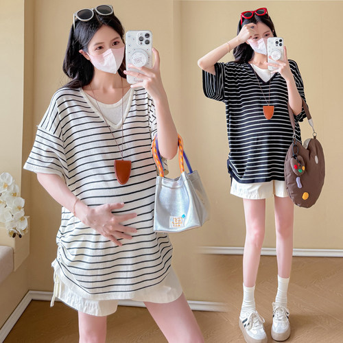 大码孕妇短袖上衣夏套装时尚条纹