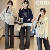 t恤时尚 卫衣春秋新款 蕾丝拼接上衣女潮妈气质显瘦200斤 孕妇装 大码