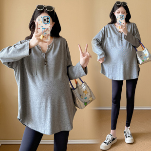 宽松T恤上衣女气质遮肚减龄显瘦200斤 卫衣春秋v领时尚 大码 孕妇装
