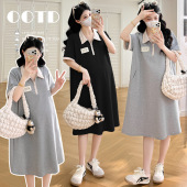 polo领显瘦设计感拼接假两件减龄显瘦200斤 连衣裙夏季 大码 孕妇装