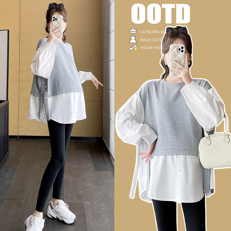 대형 출산 운동복 가을 정장 가짜 투피스 패치 워크 셔츠 탑 여성 패션 슬릿 긴팔 티셔츠 200 파운드