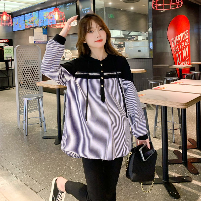 플러스사이즈 산모 스웻셔츠 봄 가을 스플릿 스트라이프 긴팔 상의 슬림 수유 다재다능 스타일리쉬 트렌디한 엄마 200파운드