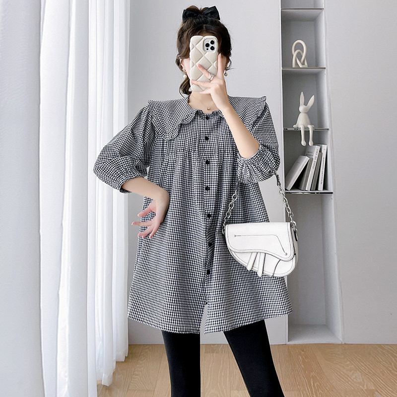 플러스 사이즈 출산 격자 무늬 셔츠 가을 유행 엄마 느슨한 슬리밍 흰색 셔츠 유행 인형 칼라 탑 200 파운드