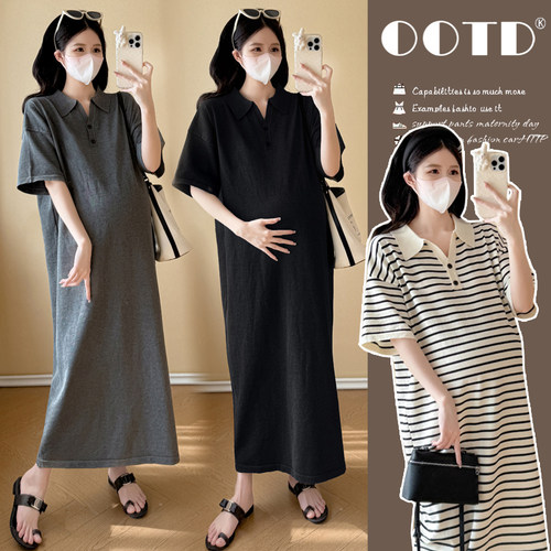 大码孕妇连衣裙夏装翻领条纹针织