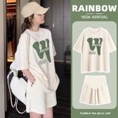 孕妇t恤夏季 短裤 新款 女宽松百搭短袖 两件套200斤 休闲运动套装 大码