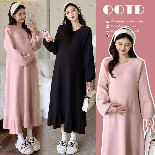 大码孕妇毛衣裙秋冬过膝长款哺乳