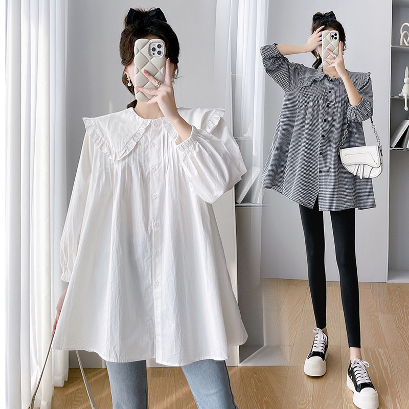 플러스 사이즈 출산 격자 무늬 셔츠 가을 유행 엄마 느슨한 슬리밍 흰색 셔츠 유행 인형 칼라 탑 200 파운드