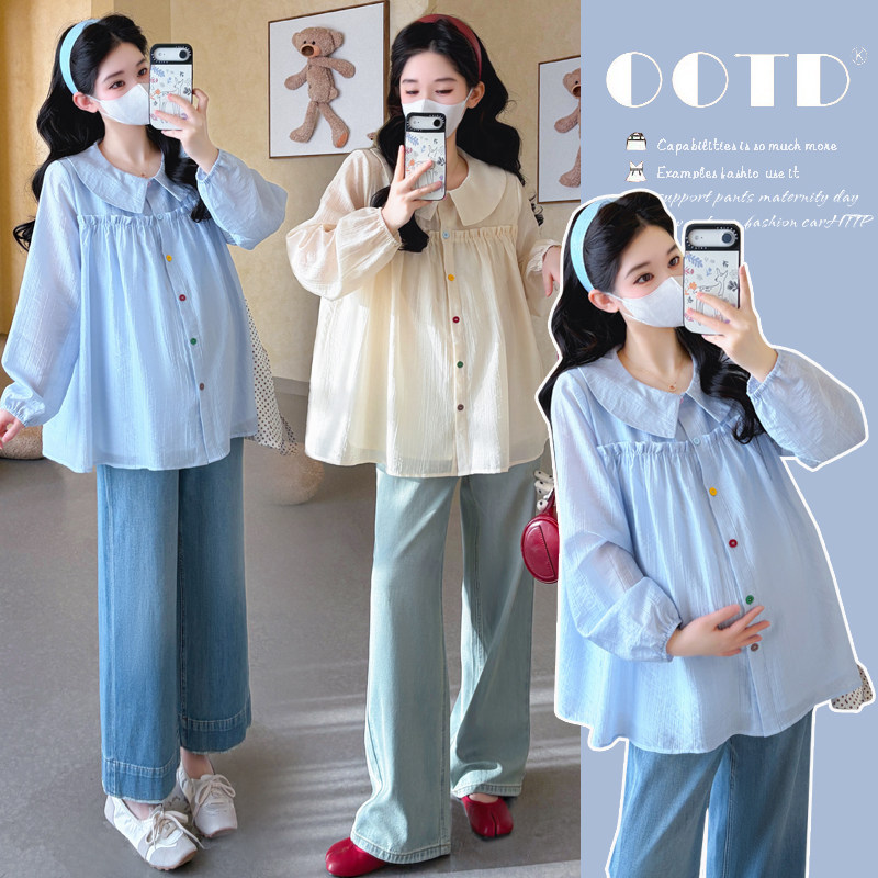 大码孕妇衬衫2026春季新款韩版翻领木耳边拼接娃娃衫上衣女200斤