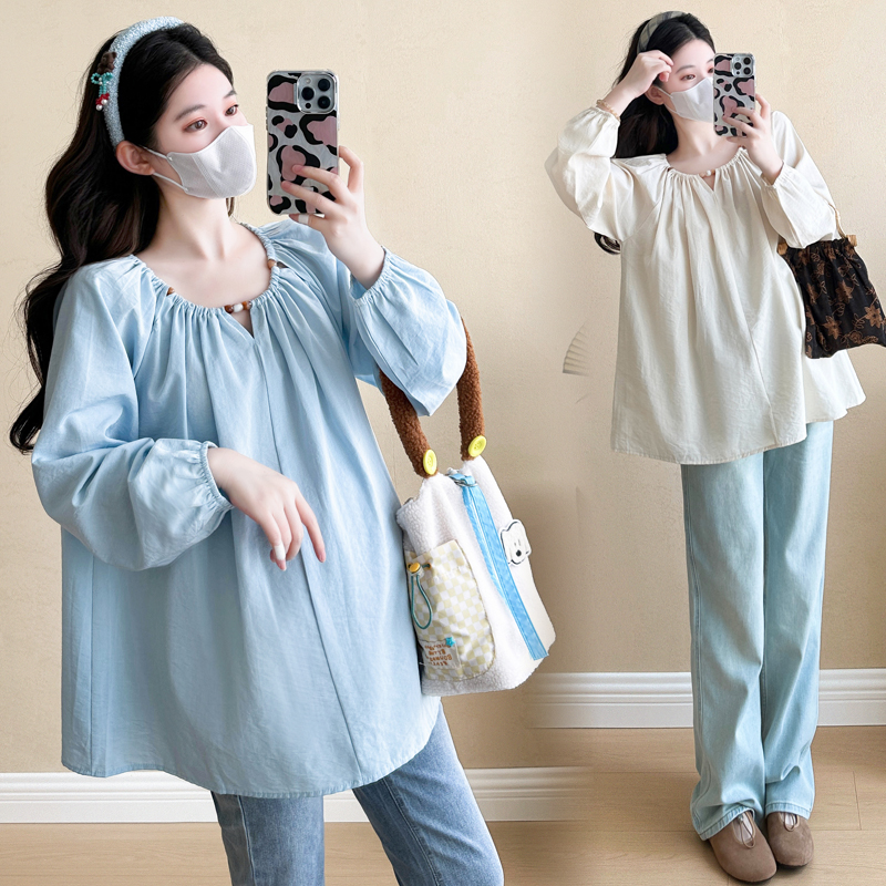 大码孕妇衬衣春秋v领娃娃衫上衣