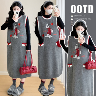 孕妇装 时尚 毛衣裙秋冬新款 宽松马甲裙长款 减龄显瘦200斤 韩版 大码