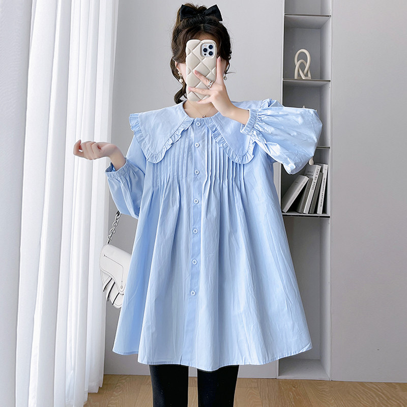 플러스 사이즈 출산 격자 무늬 셔츠 가을 유행 엄마 느슨한 슬리밍 흰색 셔츠 유행 인형 칼라 탑 200 파운드