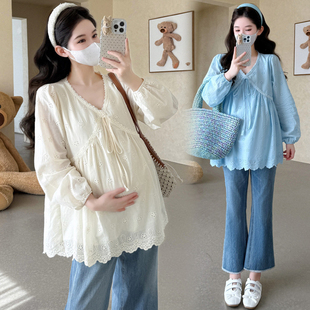 孕妇装 V领蕾丝减龄娃娃衫 秋季 韩版 上衣气质显瘦200斤 2025新款 大码