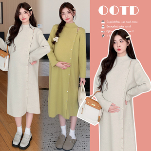 高级感慵懒风韩版 针织连衣裙秋冬新款 半高领洋气200斤 孕妇装 大码