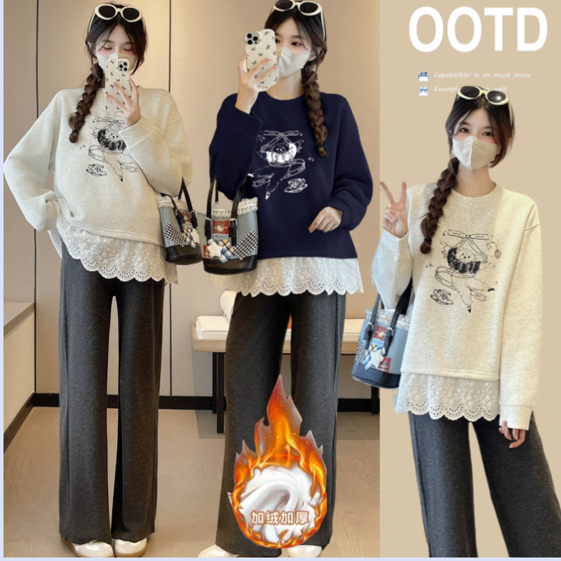 大码孕妇卫衣秋冬蕾丝拼接上衣女