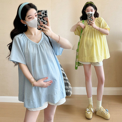 大码孕妇衬衫夏季V领娃娃衫上衣