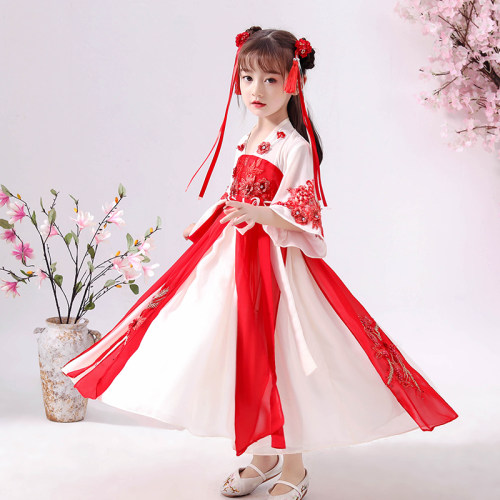 汉服女童夏长款中国风雪纺红色