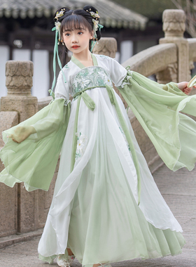 汉服女童春夏中国风唐装夏装儿童古装超仙绿色襦裙古风连衣裙春装
