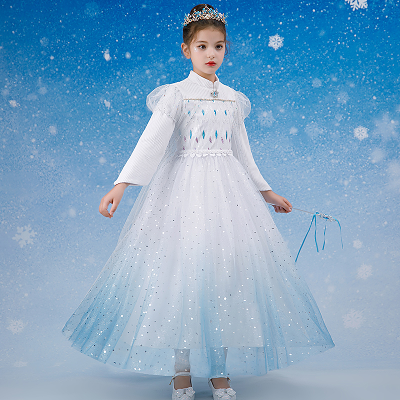 女孩艾莎公主加绒加厚齐地长裙