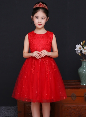 女童晚礼服公主裙儿童婚纱蓬蓬裙红色生日钢琴演出服小花童礼服夏