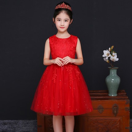 女童晚礼服公主裙儿童婚纱蓬蓬裙红色生日钢琴演出服小花童礼服夏
