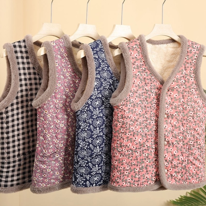 秋冬新款中老年妈妈装马夹坎肩加绒碎花马甲女士加厚保暖外套背心