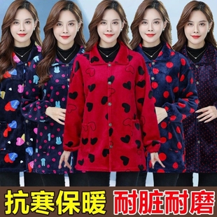 时尚 加绒加厚妈妈装 外套厨房围裙工作服 罩衣法兰绒成人女长袖 冬季