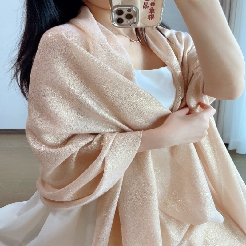 棉麻手感香槟色百搭丝巾金丝围巾礼服旗袍旅游披肩防晒长款女秋冬