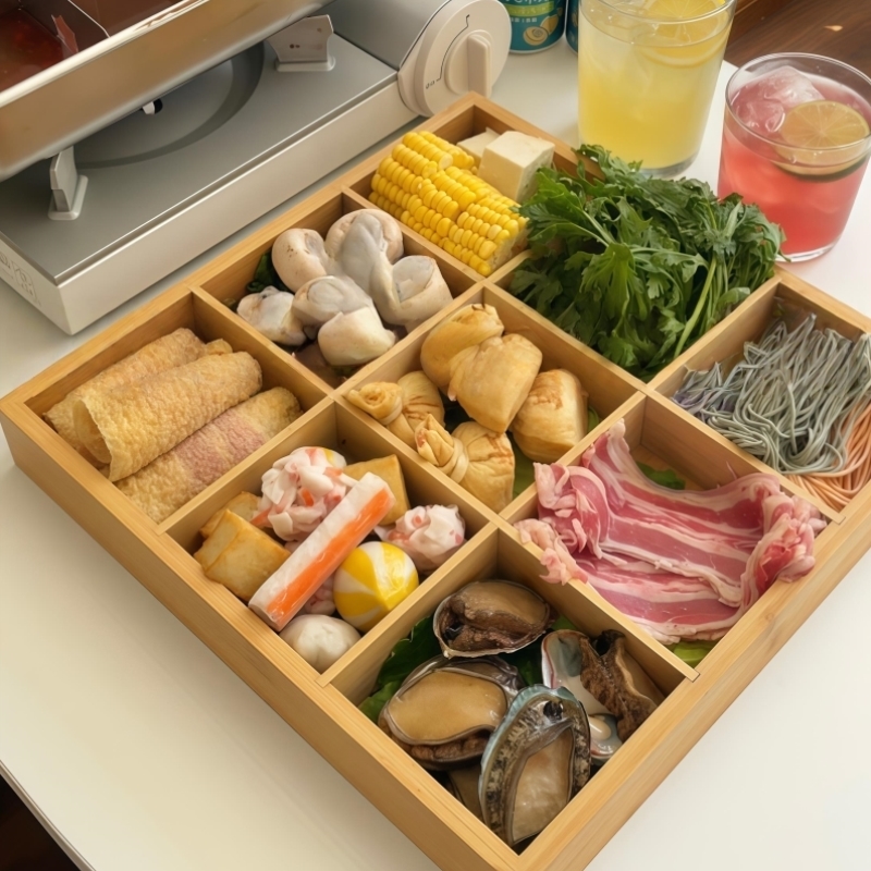 火锅九宫格食材配菜盘家用大容量蔬菜分格拼盘备菜木质托盘置物架