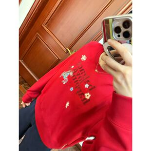 现货~原面料！寓意满满~雅~y卫衣羊毛红色骏马刺绣圆领套头上衣