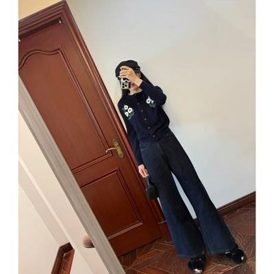 现货~大表姐同款~立体花朵羊毛开衫+Zz加绒原色阔腿直筒牛仔裤